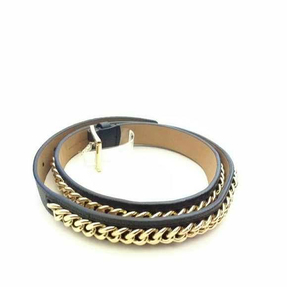 New! MICHAEL KORS Chain-Trim Leather Belt Black - Picture 2 of 4